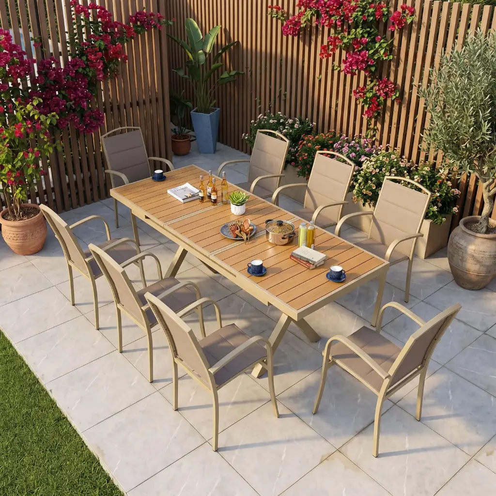 360 HOME OUTDOOR  9 PCS PATIO SET WITH 8 CHAIRS  AND A RECTANGULAR EXTENDABLE TABLE BEIGE