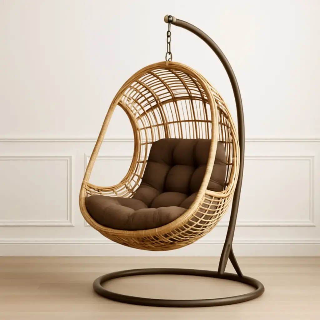 360 HOME OUTDOOR RATTAN HANGING SWING EGG CHAIR WITH STAND AND CUSHION LIGHT BROWN