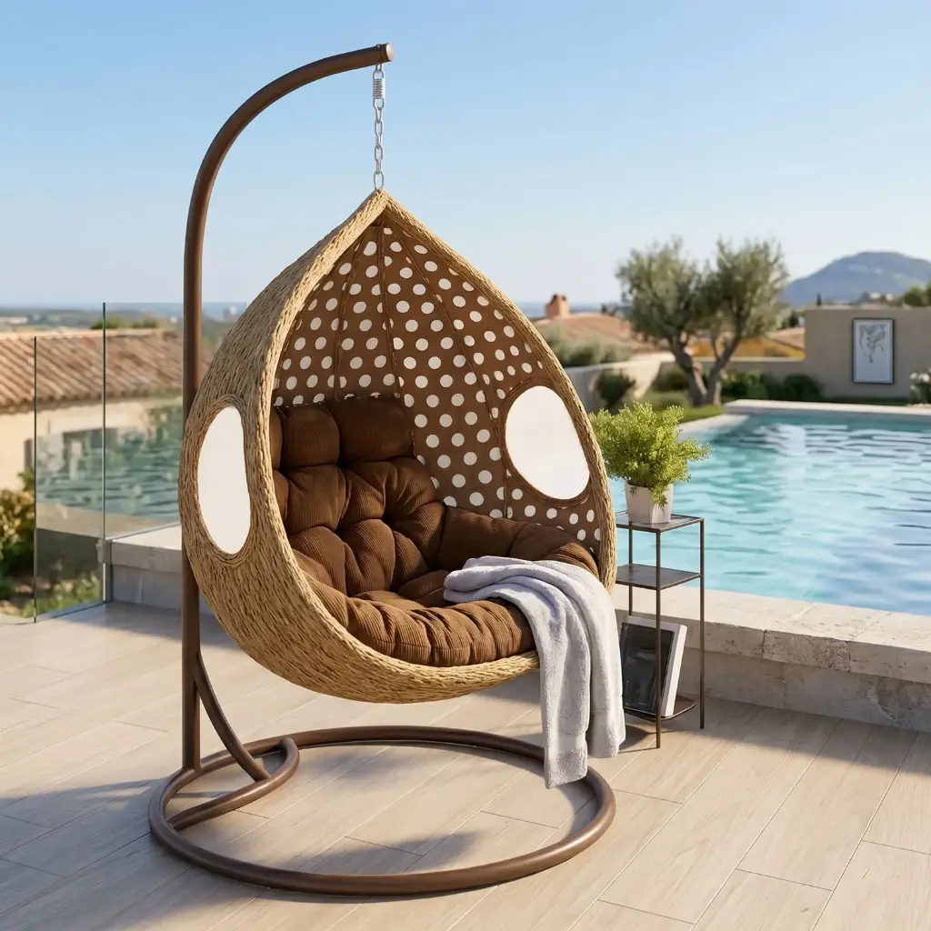 360 HOME OUTDOOR RATTAN HANGING SWING EGG CHAIR WITH STAND AND CUSHION BROWN