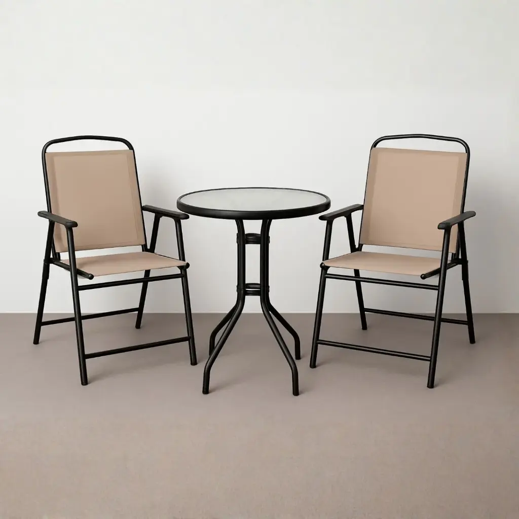 360 HOME OUTDOOR 3 PCS BISTRO SET FOLDING CHAIRS WITH ROUND BAR TABLE CHAIR:67*56.5*108 TABLE:60*60*84 BEIGE