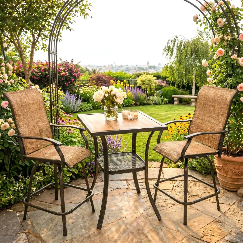 360 HOME OUTDOOR 3 PCS BISTRO SET METAL COUNTER HEIGHT CHAIRS AND BAR TABLE: CHAIR 70*59*130 TABLE 80*80*100 BEIGE