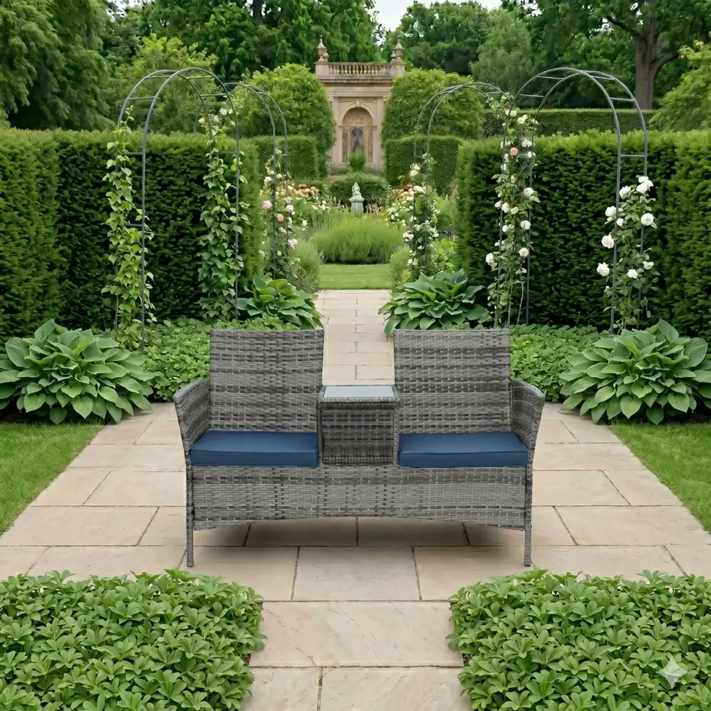 360 HOME OUTDOOR 1 PC BISTRO LOVESEAT RATTAN WICKER SET WITH TWO SEATS AND A BUILT-IN TABLE 141*64*83 GREY