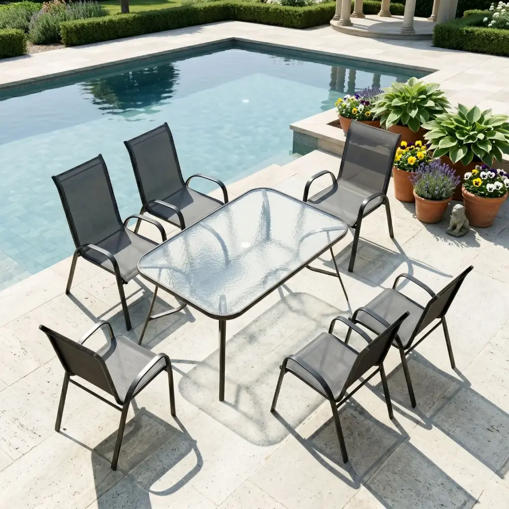 360 HOME OUTDOOR 7 PCS PATIO SET WITH 6 CHAIRS: 68*56*97 AND RECTANGULAR GLASS TABLE: 150*90*72
