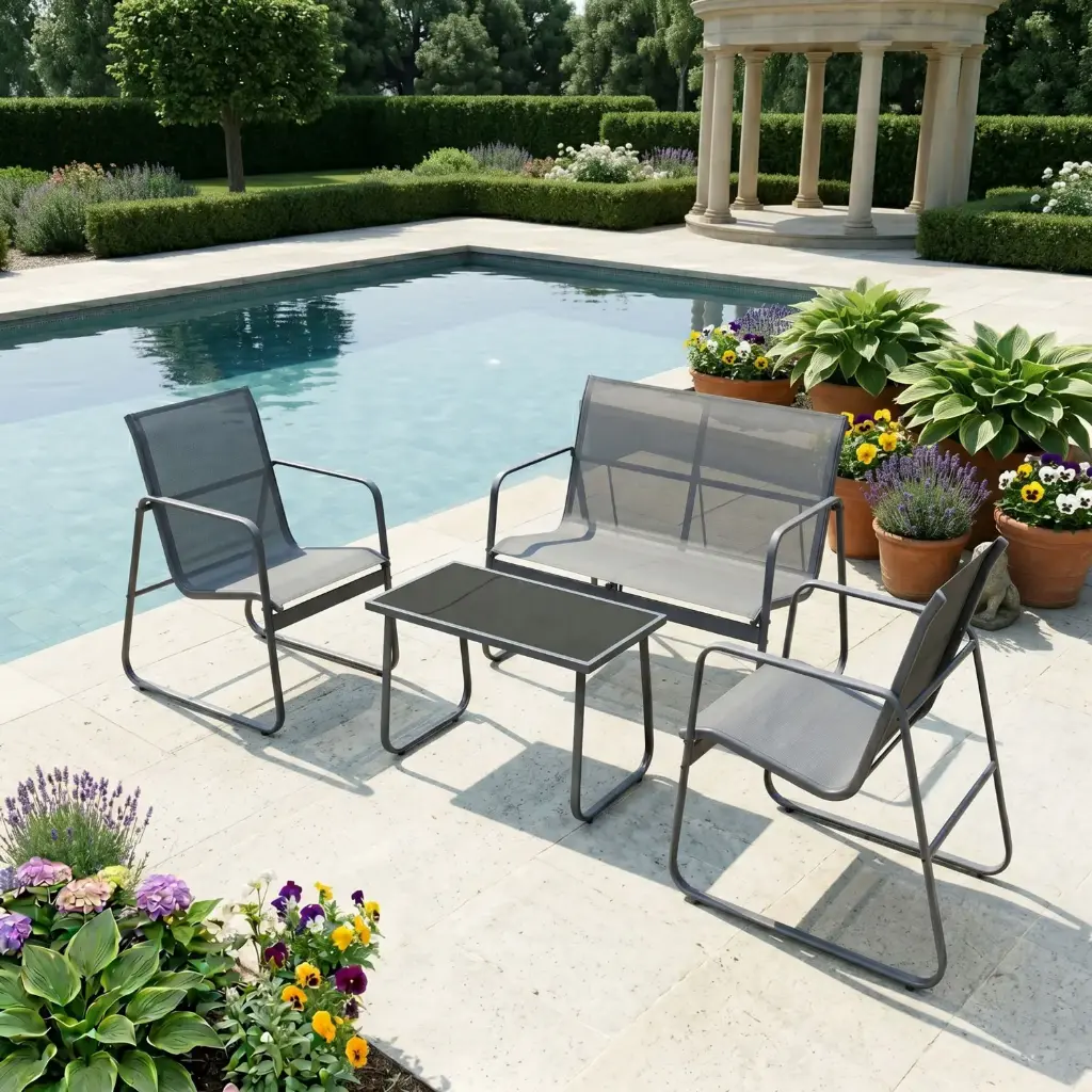 360 HOME OUTDOOR 4 PCS PATIO STEEL FRAME SET WITH 2 SINGLE CHAIRS: 61*75*77
2-SEATS SOFA: 114*75*77  TOP GLASS COFFEE TABLE: 75*45*41