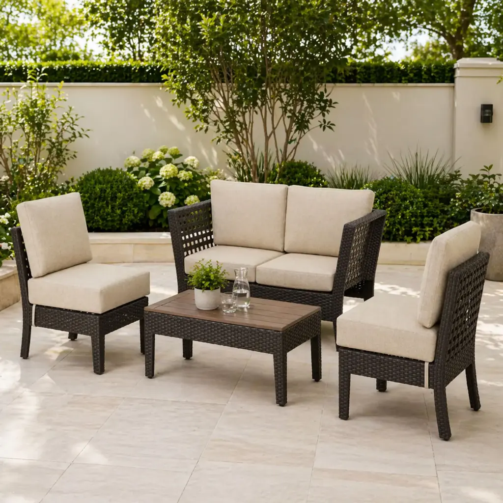 360 HOME OUTDOOR 4 PCS PATIO RATTAN WICKER SET WITH 2-SEATS SOFA: D76.5*W156*H68CM, 2 SINGLE CHAIRS: D74.5*W60.5*H65.5CM AND A RECTANGULAR COFFEE 
TABLE:D52*W101.5*H33.5CM 