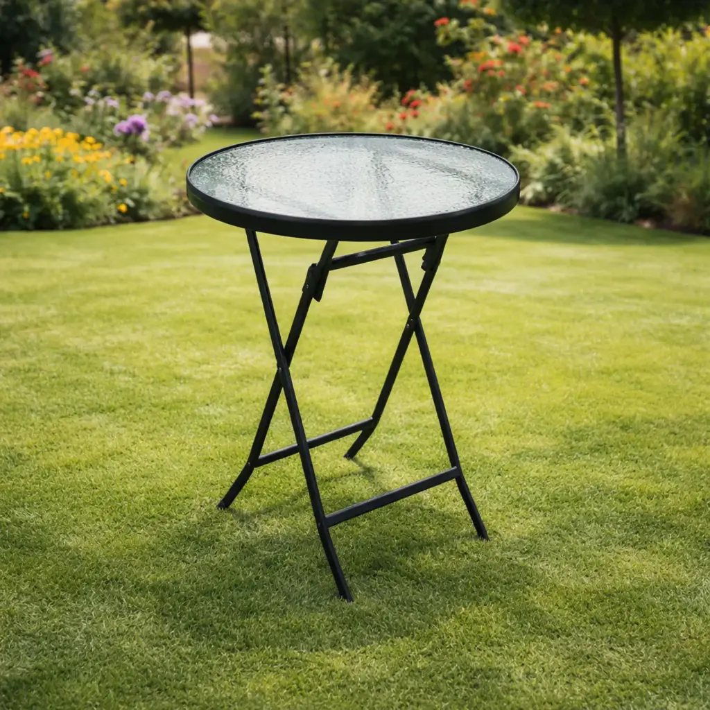  360 HOME OUTDOOR FOLDING DINING ROUND TABLE TOP GLASS 80CM BLACK