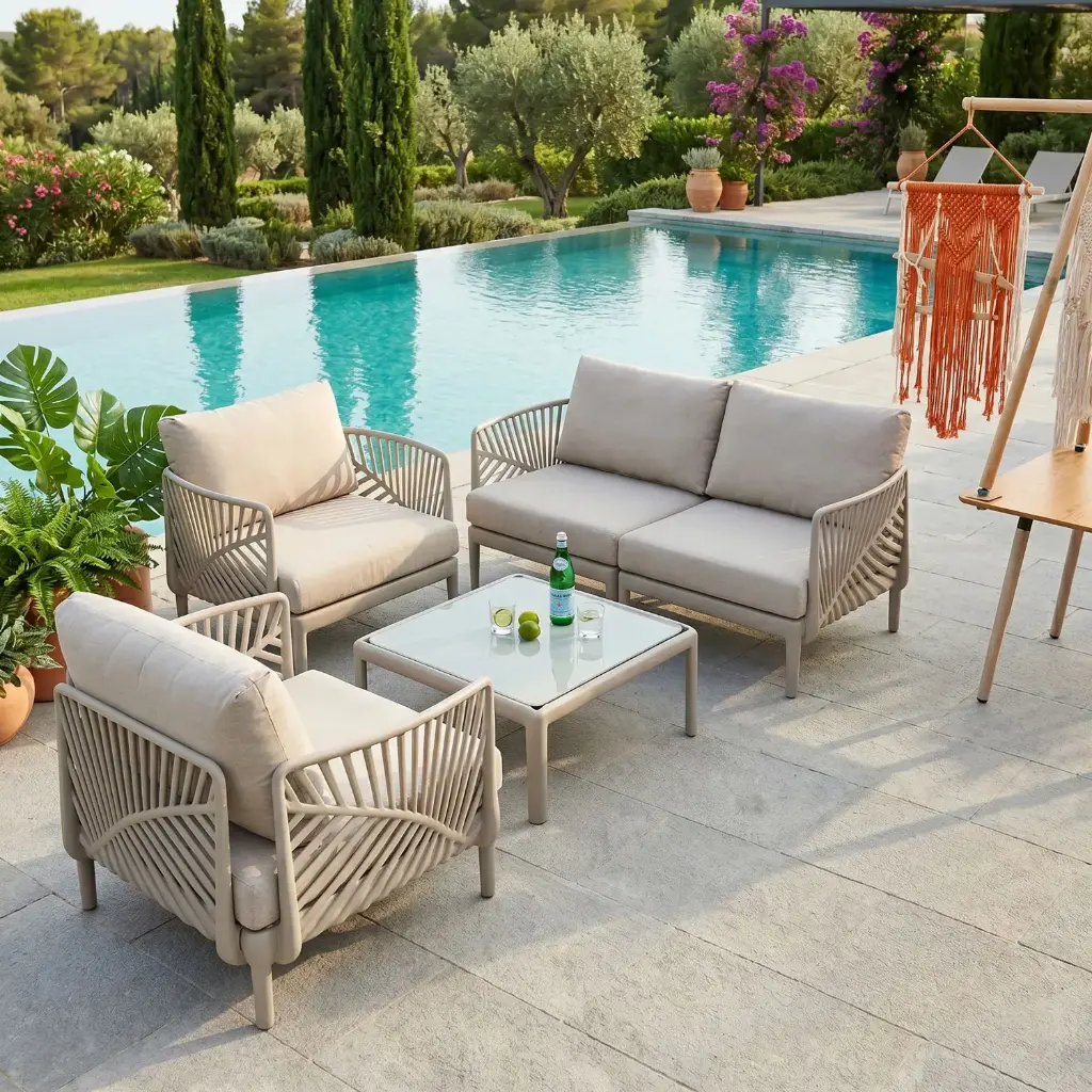 360 HOME ASPEN SOFA OUTDOOR SET 4SEATS+1TABLE GENTLY CURVED BACKREST GREY