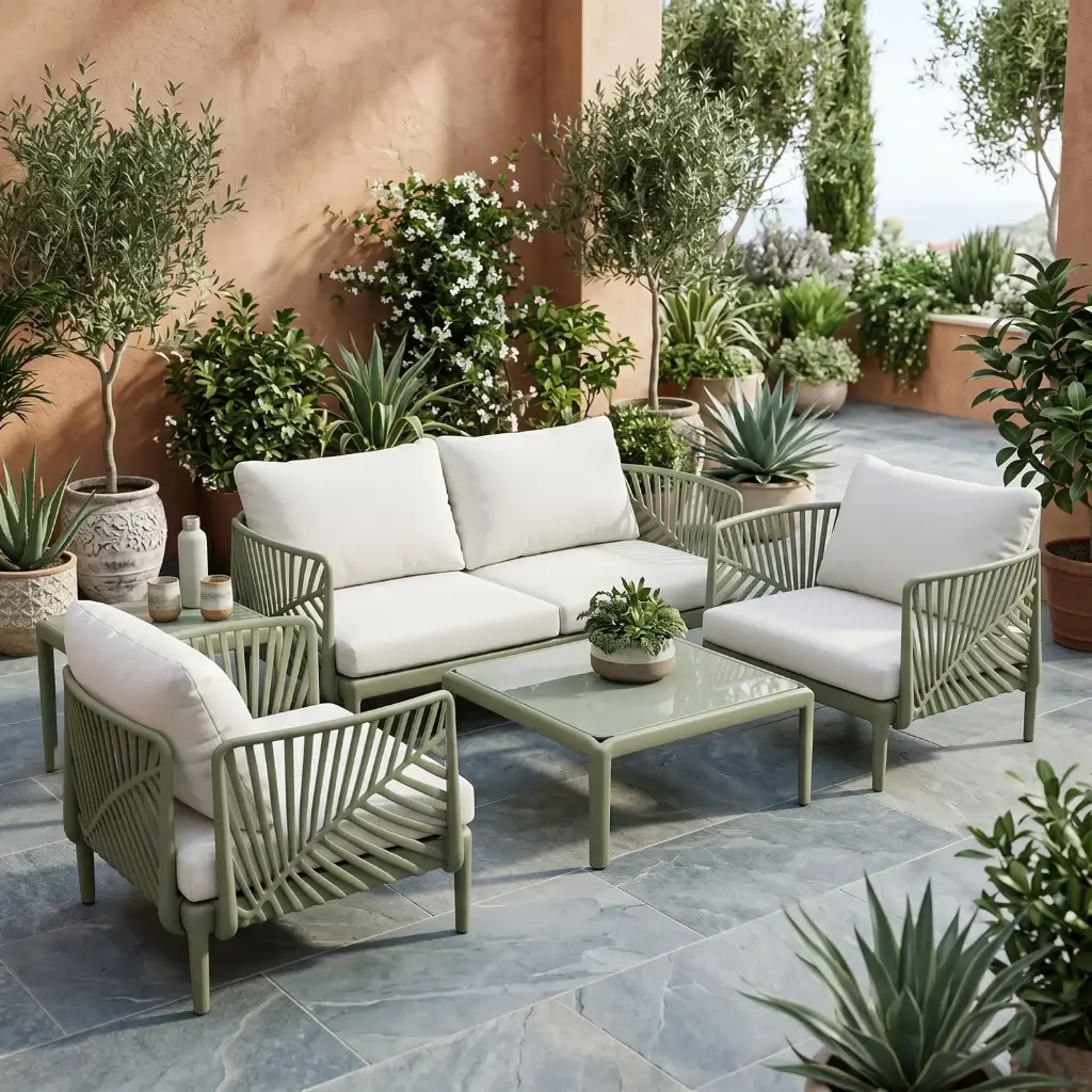 360 HOME ASPEN SOFA OUTDOOR SET  4SEATS+1TABLE GENTLY CURVED BACKREST OLIVE GREEN