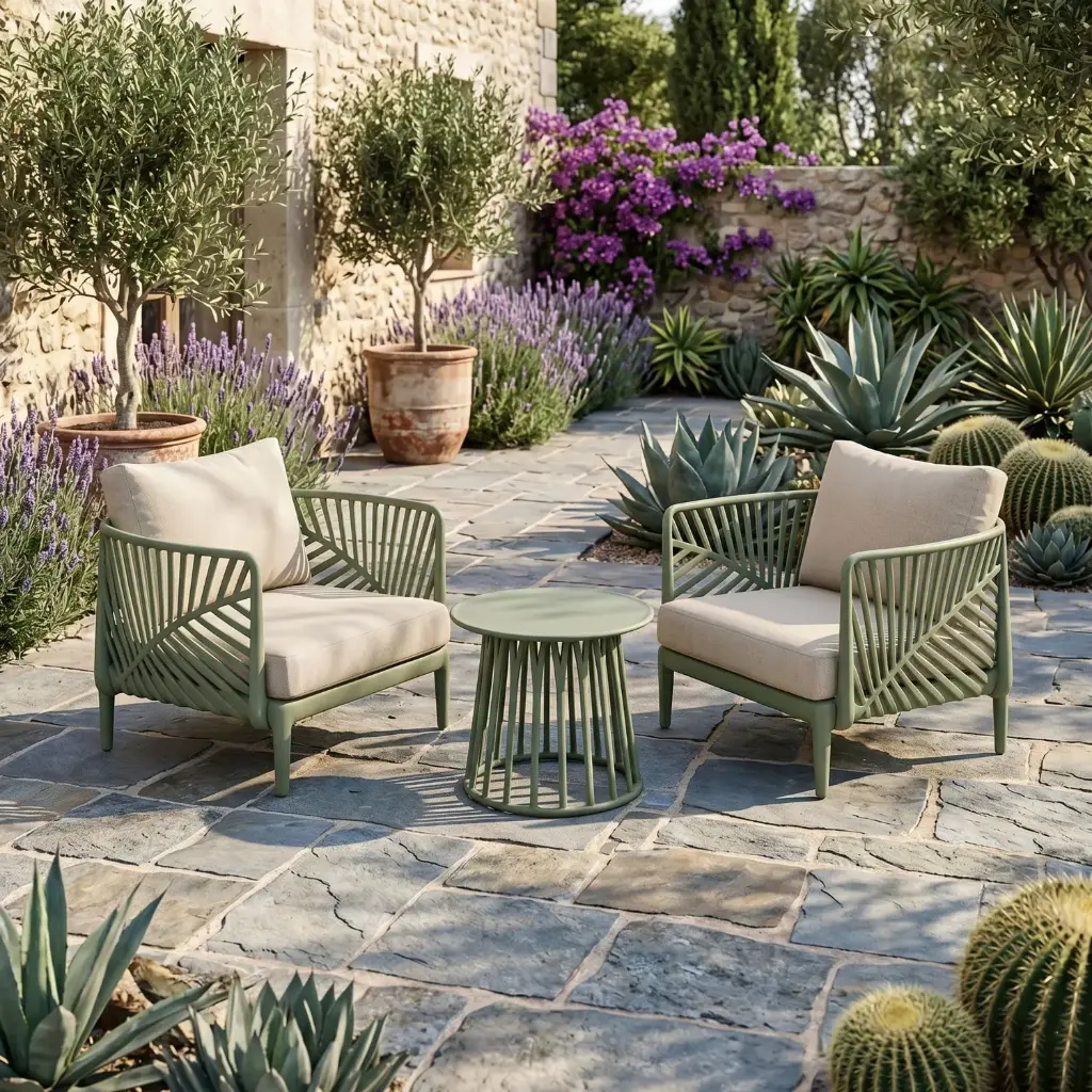 360 HOME OUTDOOR PATIO SET 2 SEATS+1ROUND TABLE GREEN&WHITE POLYPROPILENE