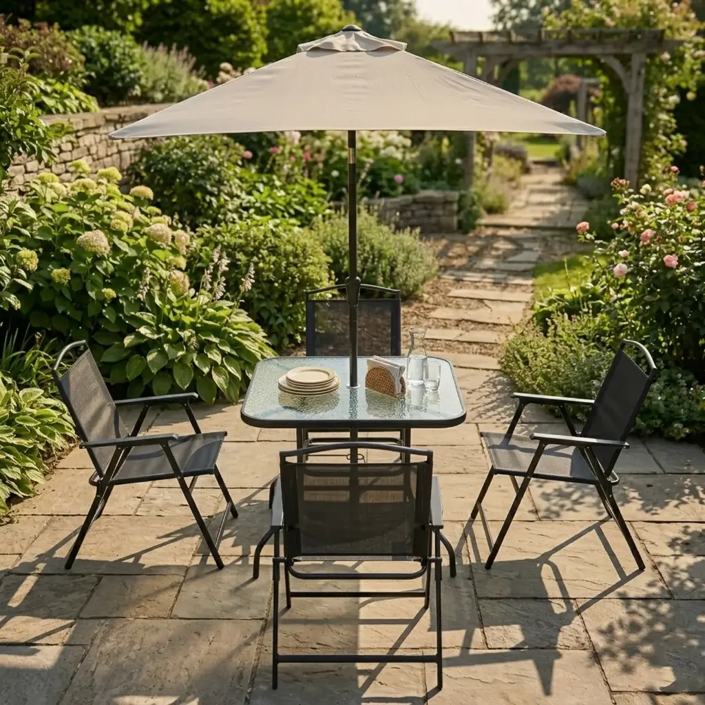 360 HOME OUTDOOR 6 PCS PATIO SET WITH 4 CHAIRS AND RECTANGULAR GLASS TOP TABLE AND PARASOL: 86*86*70CM  63*58*91CM