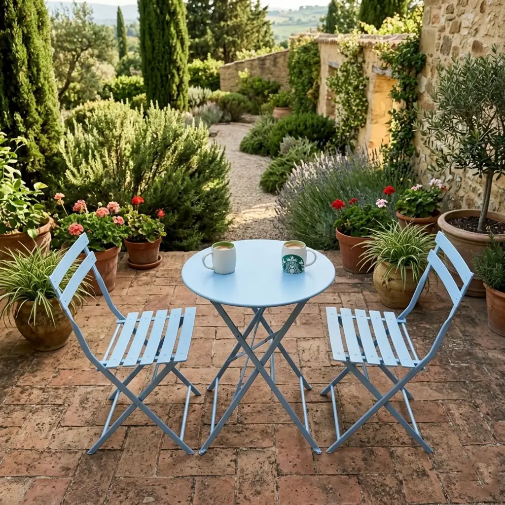 360 HOME OUTDOOR 3 PCS BISTRO IRON SET WITH 2 FOLDING CHAIRS COMBINED 44*42*80.5cm / 42*97CM AND ROUND TABLE: 60*73CM /SQUARE TABLE: 55*55*73CM BLUE 2