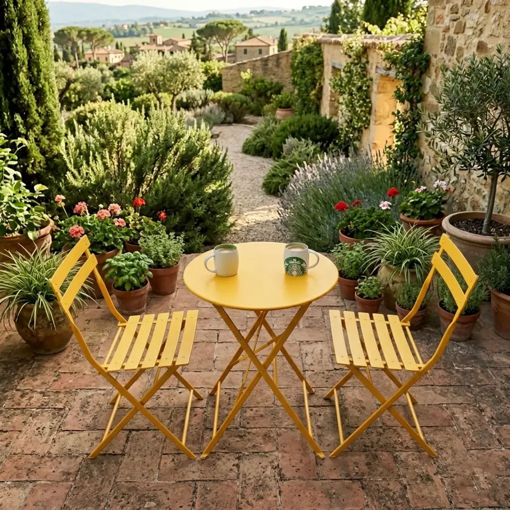 360 HOME OUTDOOR 3 PCS BISTRO IRON SET WITH 2 FOLDING CHAIRS COMBINED 44*42*80.5cm / 42*97CM AND ROUND TABLE: 60*73CM /SQUARE TABLE: 55*55*73CM YELLOW 2