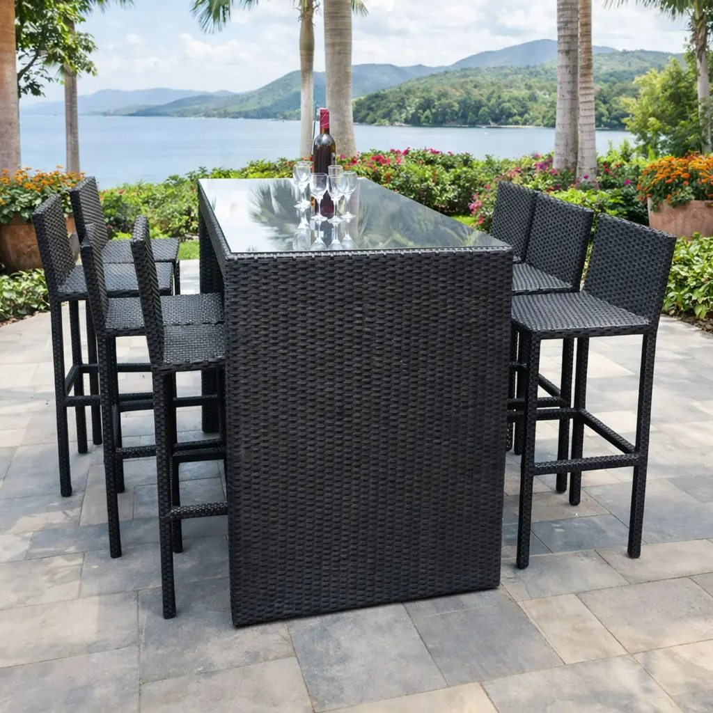 360 HOME OUTDOOR 7 PCS PATIO RATTAN WICKER SET WITH 6 CHAIRS 42*42*405CM AND RECTANGULAR BAR TABLE: 195*76*107CM BLACK