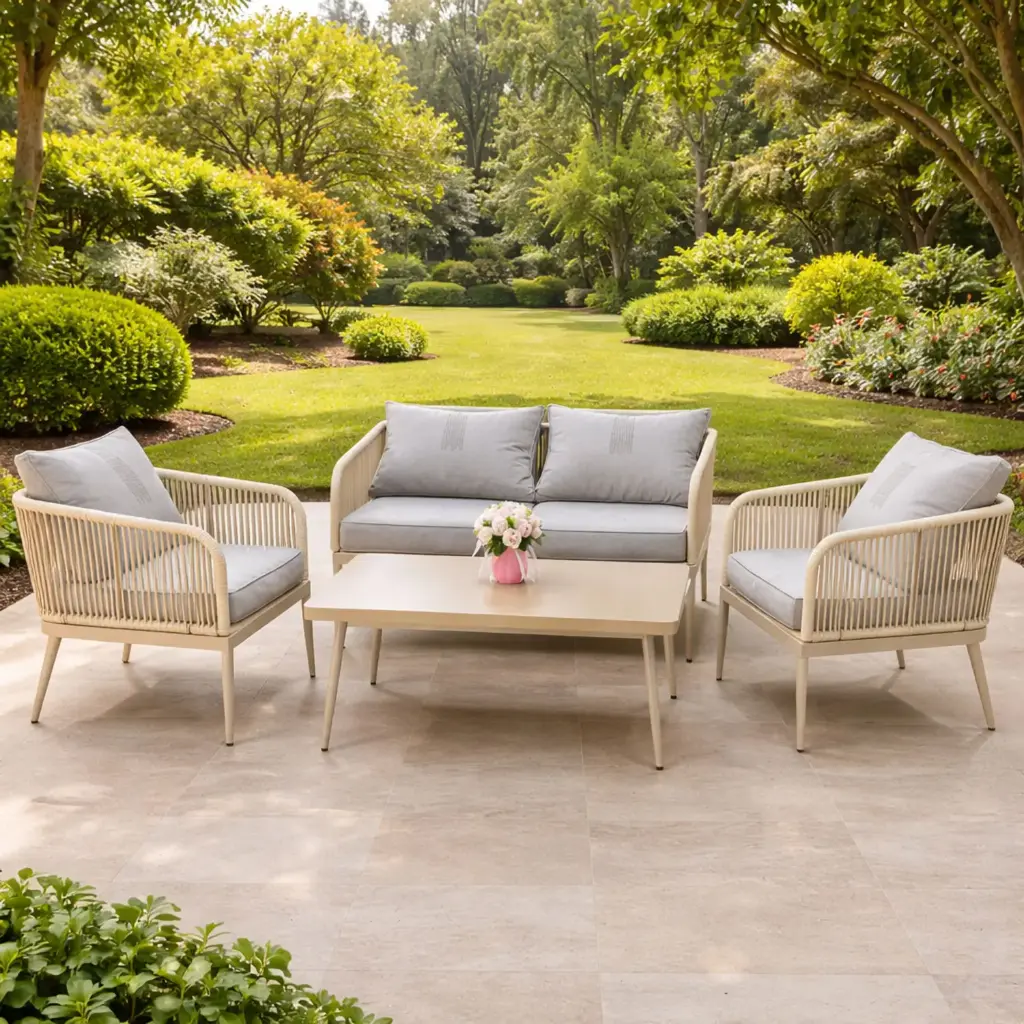 360 HOME OUTDOOR 4 PCS PATIO ALLUMINIUM SET WITH 2-SEATS SOFA, 2 SINGLE CHAIRS: 68*68*70CM AND A RECTANGULAR COFFEE TABLE  OFF-WHITE