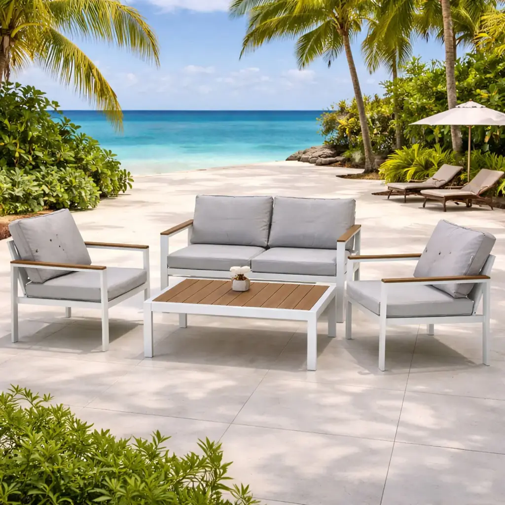 360 HOME OUTDOOR 4 PCS PATIO ALLUMINIUM SET WITH 2-SEATS SOFA: 118*75*67CM, 2 SINGLE CHAIRS 64*75*67CM AND A RECTANGULAR COFFEE TABLE OFF-WHITE
