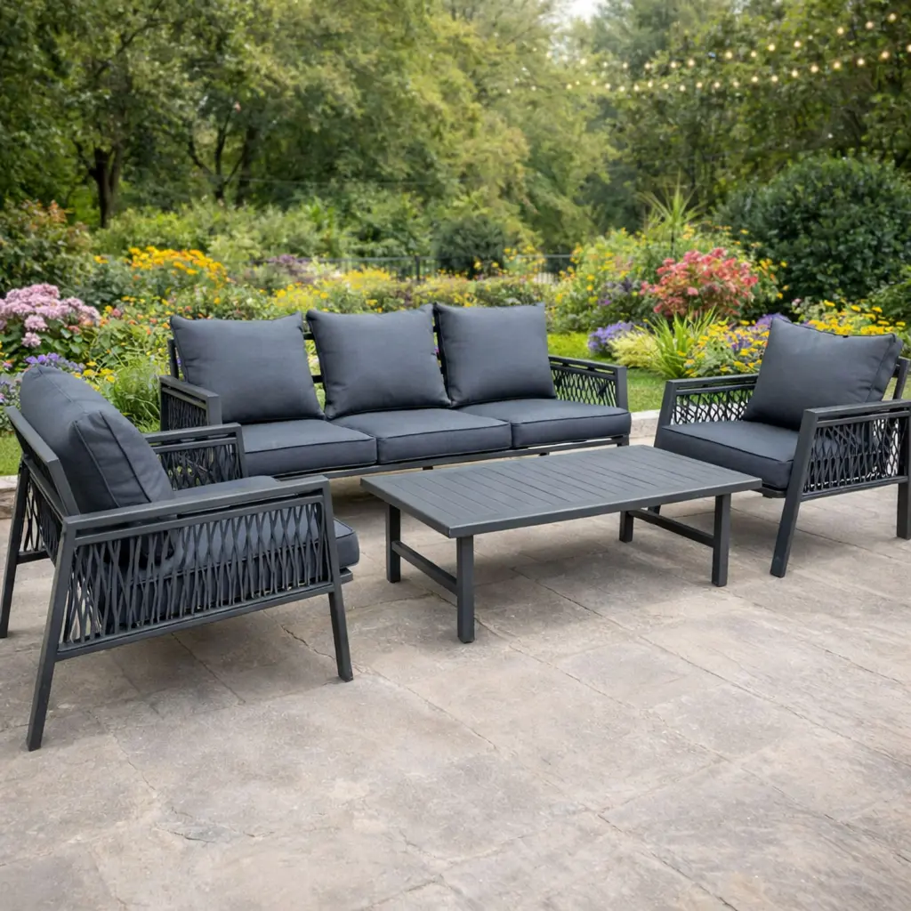 360 HOME OUTDOOR 4 PCS PATIO ALLUMINIUM SET WITH 3-SEATS SOFA, 2 SINGLE CHAIRS AND A RECTANGULAR COFFEE TABLE  GREY