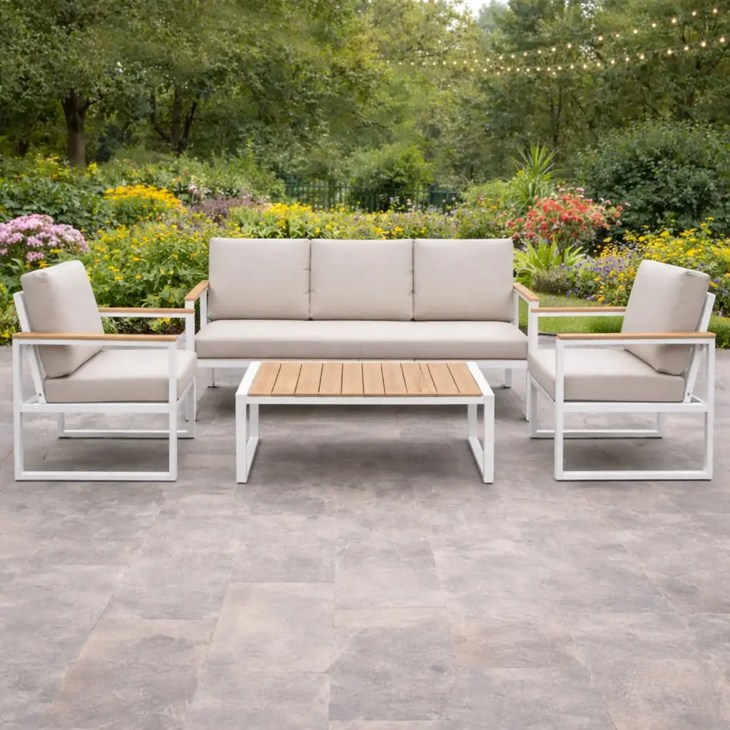 360 HOME OUTDOOR 4 PCS PATIO ALLUMINIUM SET WITH 3-SEATS SOFA: 175*73*74CM, 2 SINGLE CHAIRS: 70*73*74CM AND A RECTANGULAR COFFEE TABLE: 110*58*40CM OFF-WHITE