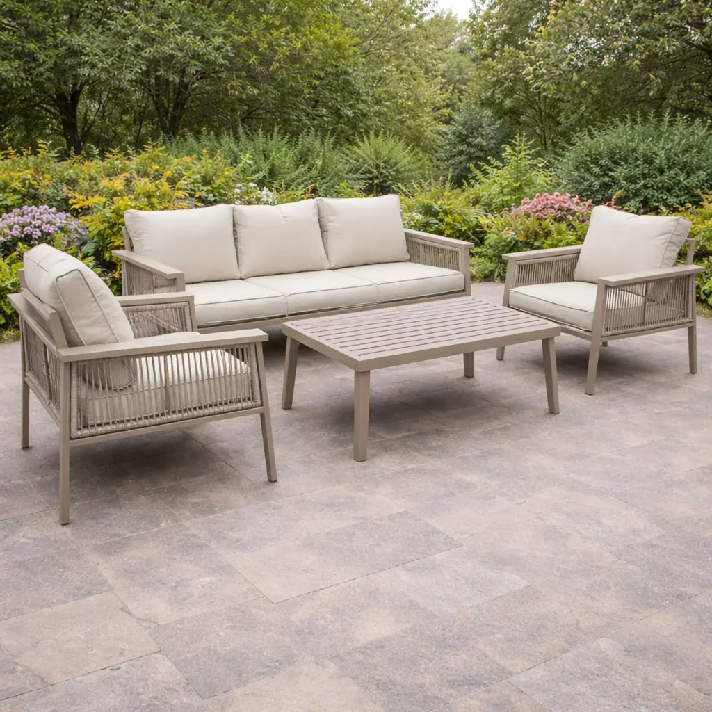 360 HOME OUTDOOR 5 PCS PATIO ALLUMINIUM SET WITH 3-SEATS SOFA: 204*77*75CM, 2-SEATS SOFA: 143*77*75CM  2 SINGLE CHAIRS: 80*77*75CM  AND A RECTANGULAR COFFEE TABLE: 140*70*66CM OFF-WHITE