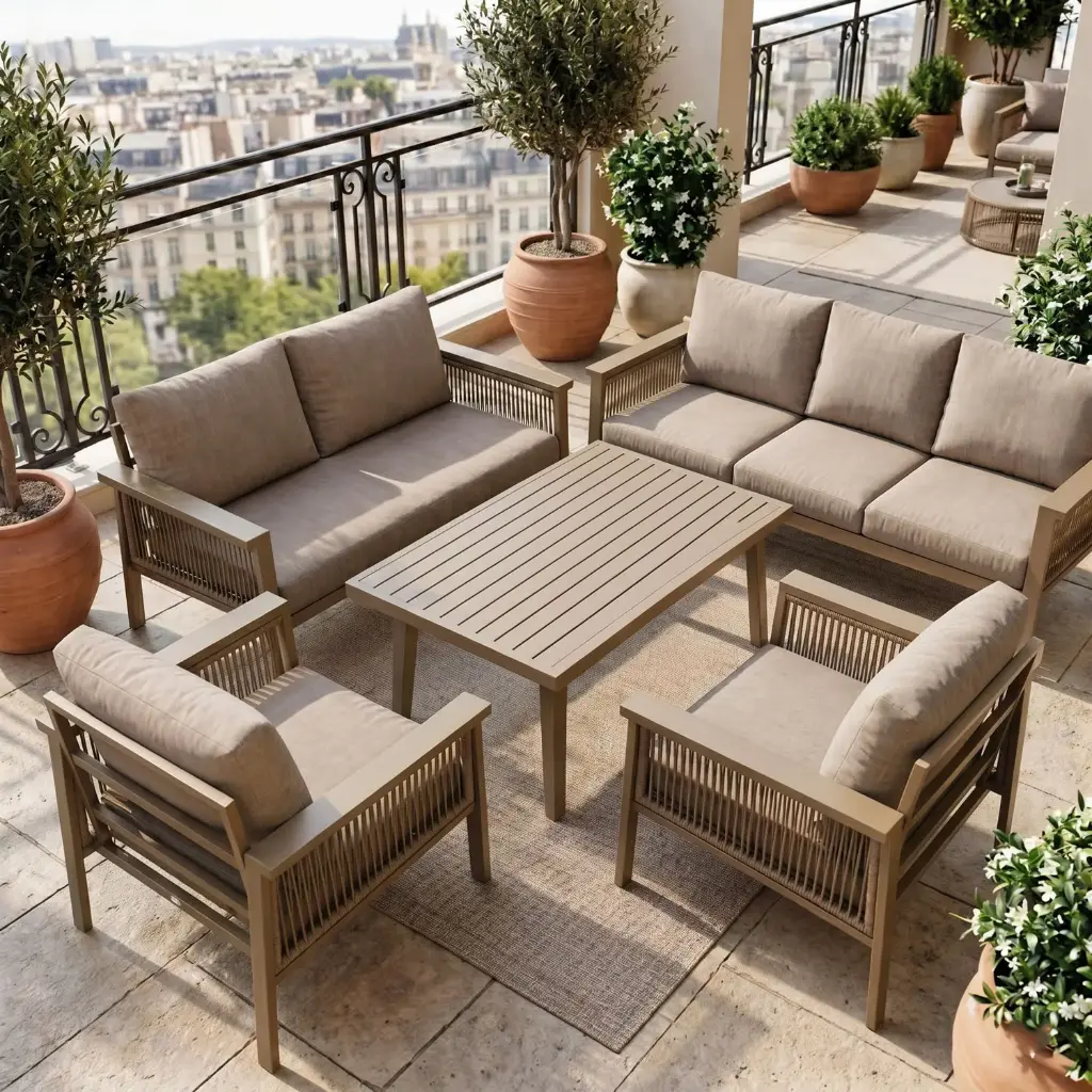 360 HOME OUTDOOR 5 PCS PATIO ALLUMINIUM SET WITH 3-SEATS SOFA: 204*77*75CM, 2-SEATS SOFA: 143*77*75CM  2 SINGLE CHAIRS: 80*77*75CM  AND A RECTANGULAR COFFEE TABLE: 140*70*66CM OFF-WHITE