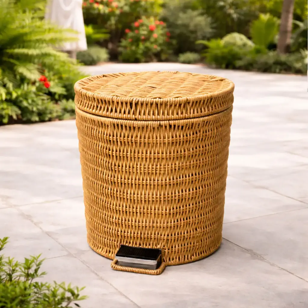 360 HOME HOUSEHOLD RATTAN BAMBOO TRASH BASKET WITH FOOT-OPERATED 31*29*42CM YELLOW