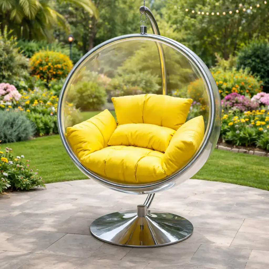 360 HOME OUTDOOR BUBBLE GLASS SWING EGG CHAIR WITH CHROME STAND AND CUSHION BASKET: 102x70CM POLES: 155x70CM YELLOW