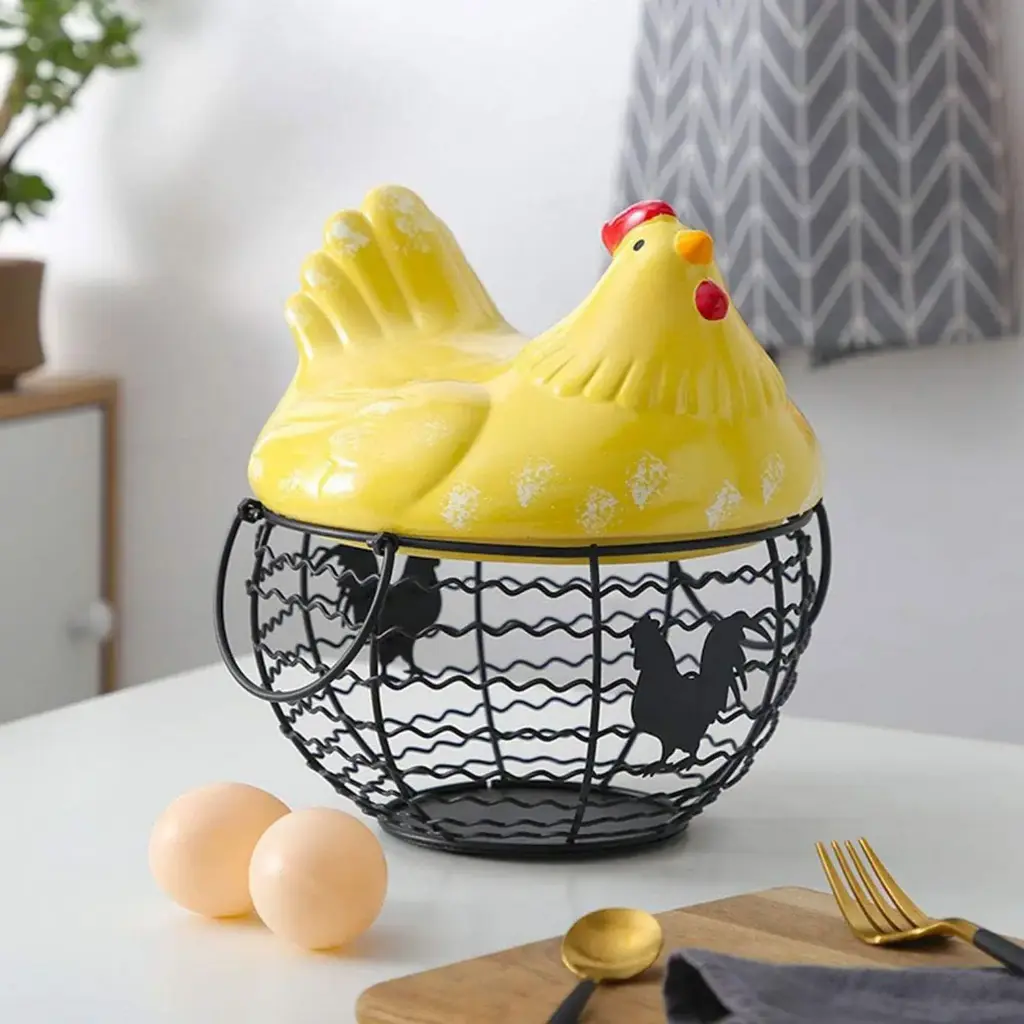 360 HOME MY KITCHEN METAL EGG BASKET WITH CHICKEN COVER YELLOW 22.5*23CM 