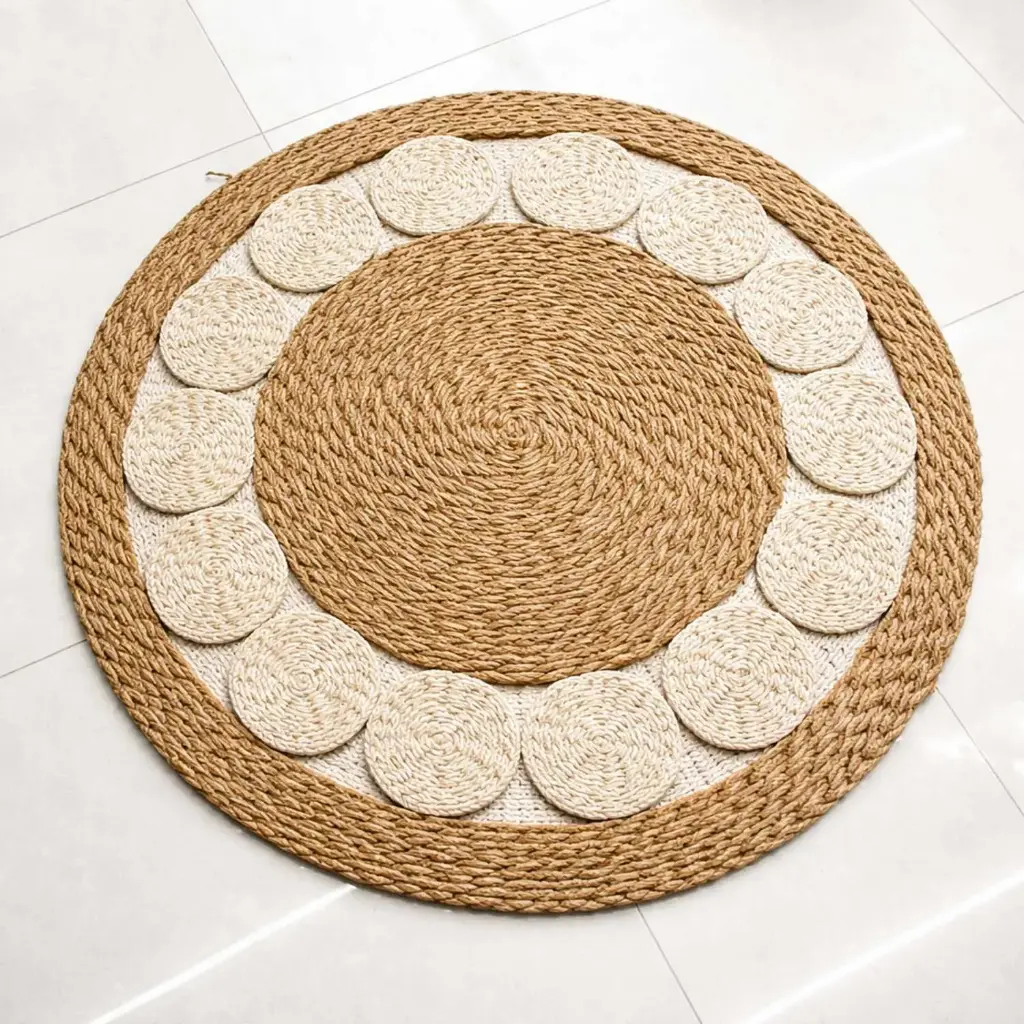 360 HOME FLOORMAT STRAW 120CM NATURAL &OFF-WHITE COLOR LARGE SPIRAL BRAIDED FRAMED BY A BORDER COMPOSED OF SMALLER INDIVIDUAL ELEMENTS