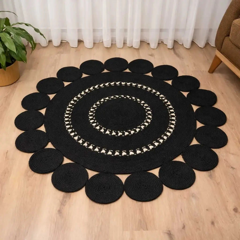 360 HOME FLOORMAT STRAW 120CM ROUND SHAPE WITH SCALLOPED OUTER EDGE & CONCENTRIC CIRCULAR PATTERN IN THE CENTER BLACK
