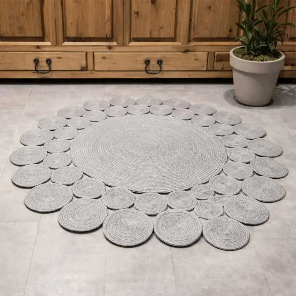 360 HOME FLOORMAT STRAW 120CM  ROUND SHAPE WITH SCALLOPED OUTER EDGE & CONCENTRIC CIRCULAR PATTERN IN THE CENTER LIGHT BEIGE