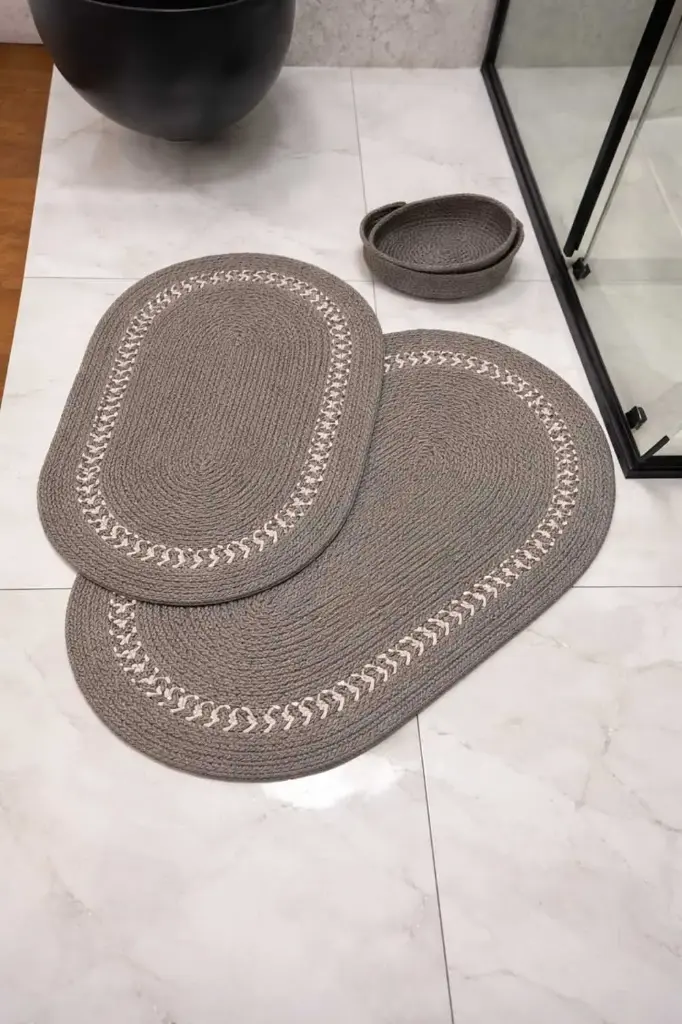 360 HOME FLOORMAT STRAW 120*80CM ANTI SLIP BATHROOM MAT OVAL GREY SET 2PCS
