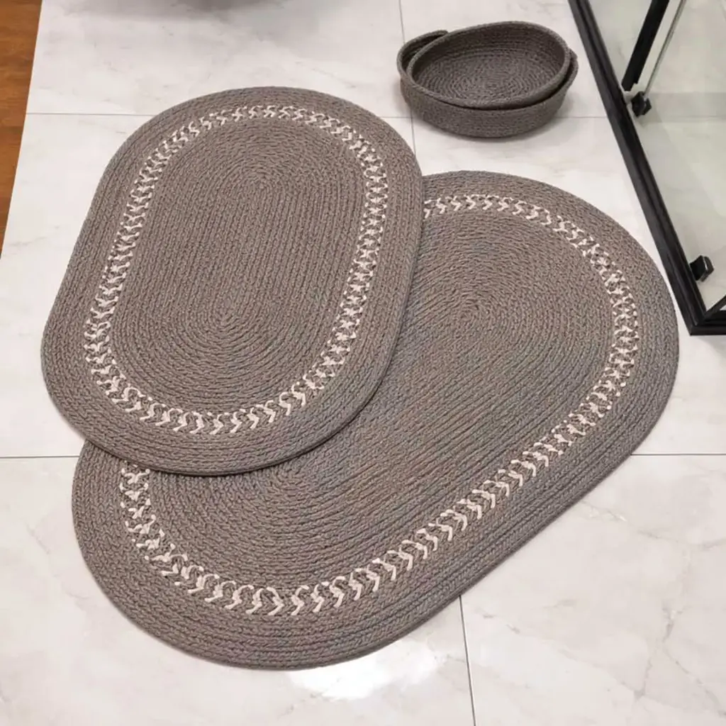 360 HOME FLOORMAT STRAW 120*80CM ANTI SLIP BATHROOM MAT OVAL GREY SET 2PCS