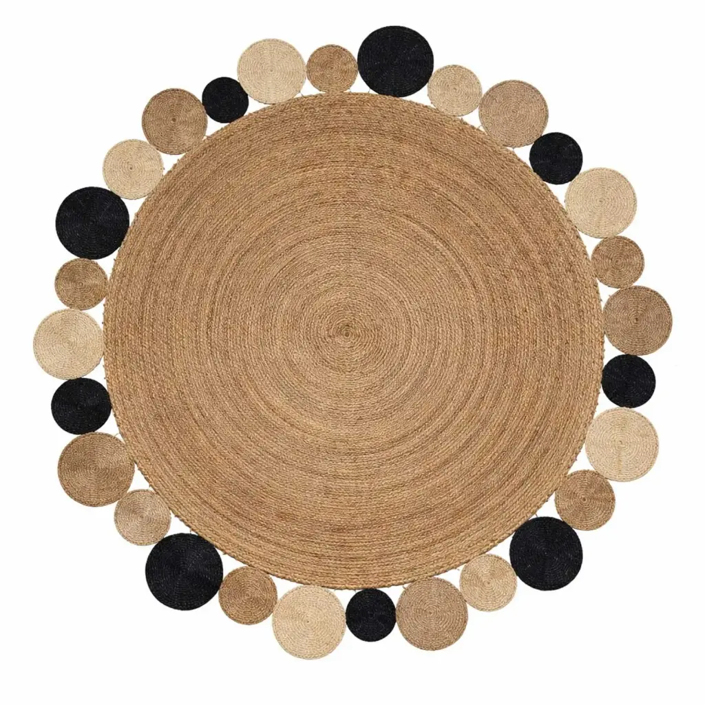 360 HOME FLOORMAT STRAW 120CM DISTINCTIVE OUTER CIRCLE BORDER OF VARIED COLORED SMALLER CIRCLES AROUND A LARGE CENTRAL NATURAL-TONED AREA