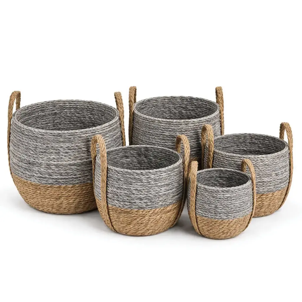 360 HOME BASKET STRAW 27*21*20.5CM ROUND WITH LOOP HANDLES DARK GREY