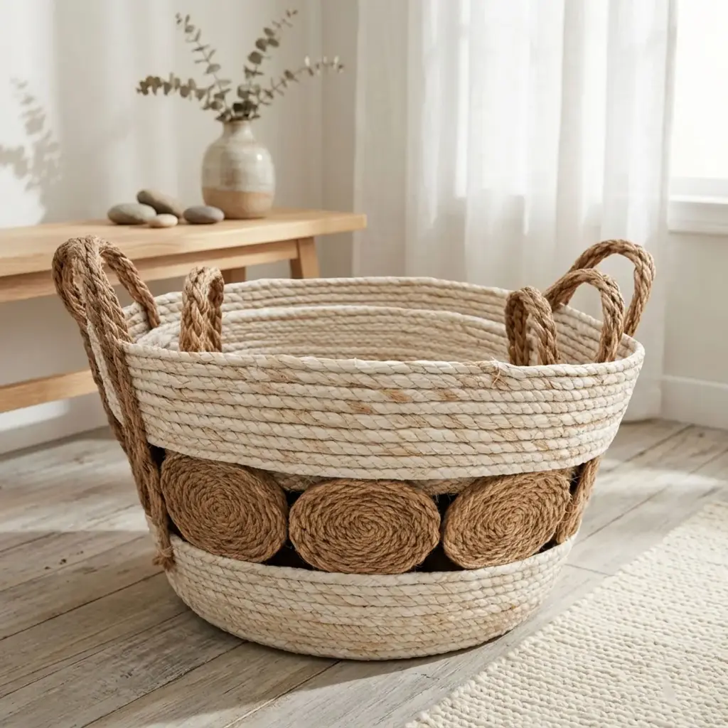 360 HOME BASKET STRAW 33*26*28CM ROUND SHAPE TWO STURDY HANDLE INTEGRATED INTO THE RIM NEUTRAL BEIGE AND LIGHT BROWN COLOR 