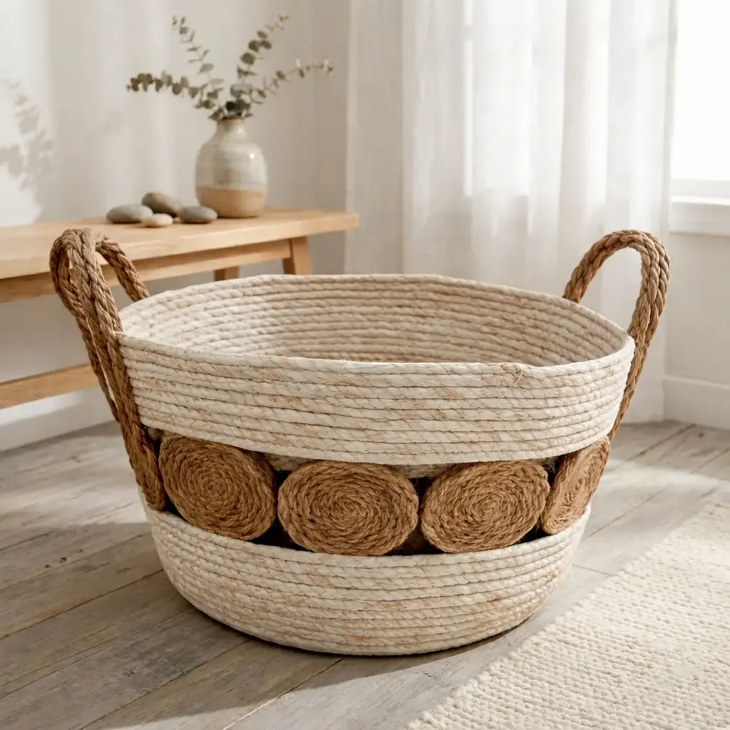 360 HOME BASKET STRAW 25*20*25CM ROUND SHAPE TWO STURDY HANDLE INTEGRATED INTO THE RIM NEUTRAL BEIGE AND LIGHT BROWN COLOR 