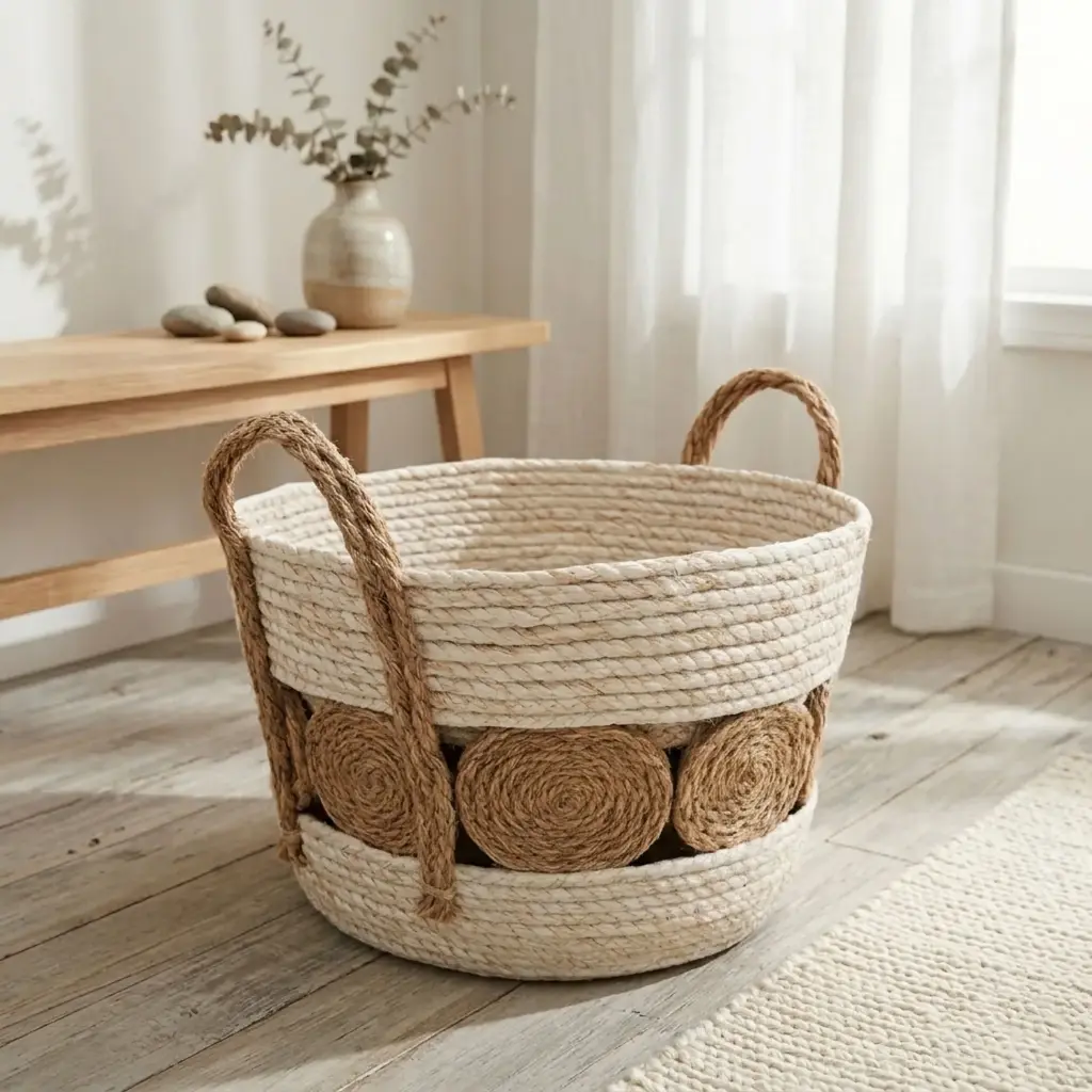 360 HOME BASKET STRAW 22*17*22CM ROUND SHAPE TWO STURDY HANDLE INTEGRATED INTO THE RIM NEUTRAL BEIGE AND LIGHT BROWN COLOR 