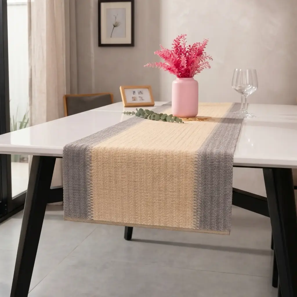 360 HOME TABLE RUNNER STRAW  30*120CM BOHO MACRAMECENTRAL SECTION BEIGE BORDERED BY SECTIONS OF GREY OR PURPLE-GREY HUE