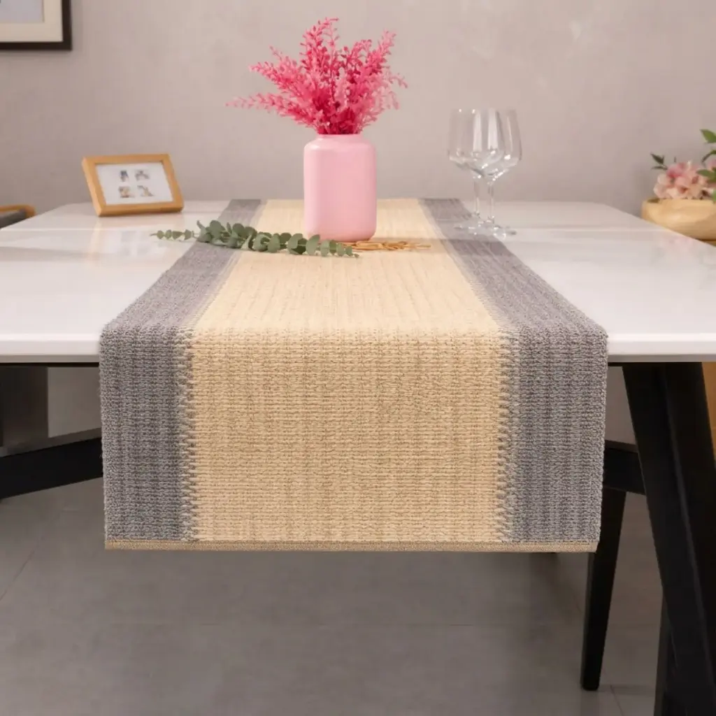 360 HOME TABLE RUNNER STRAW  30*120CM BOHO MACRAMECENTRAL SECTION BEIGE BORDERED BY SECTIONS OF GREY OR PURPLE-GREY HUE