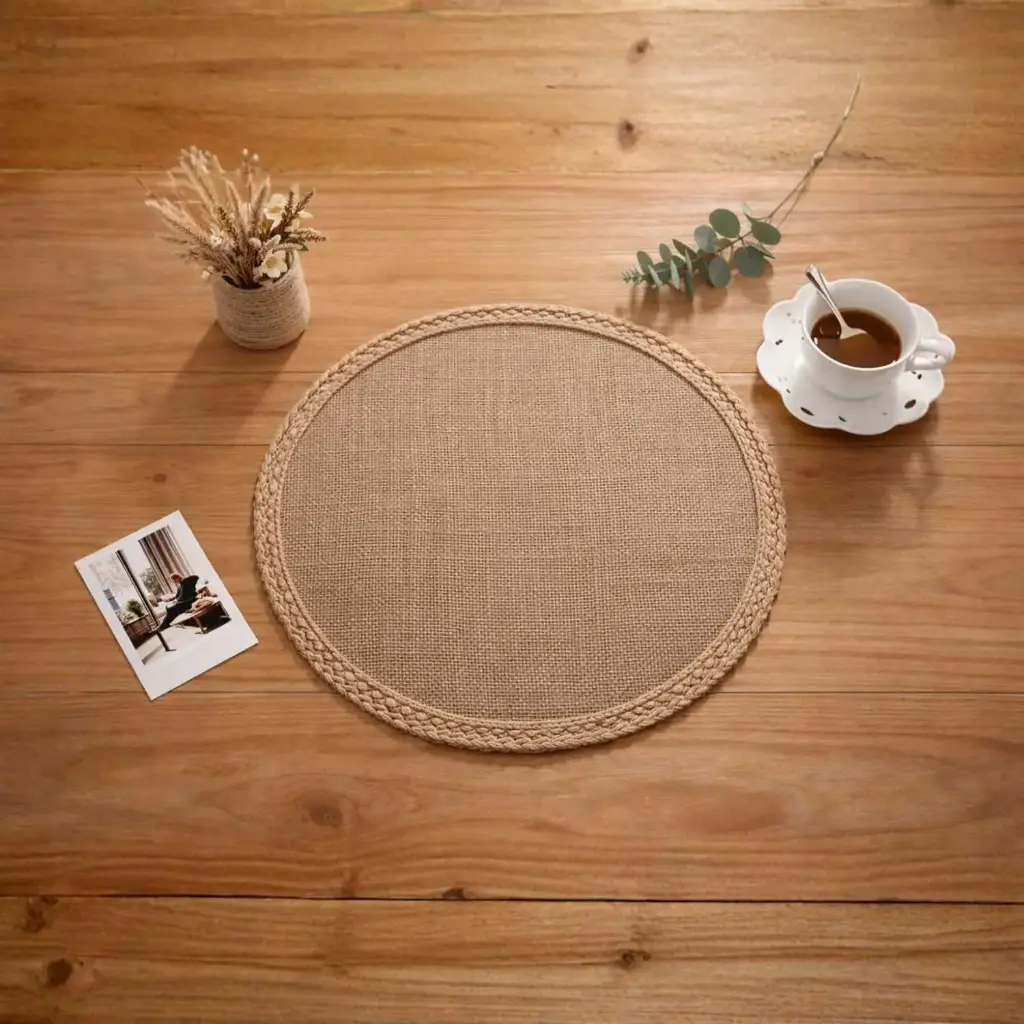 360 HOME PLACEMAT STRAW 38CM HESSIAN MATERIAL ROUND SHAPE STYLISH FRAYED EDGES