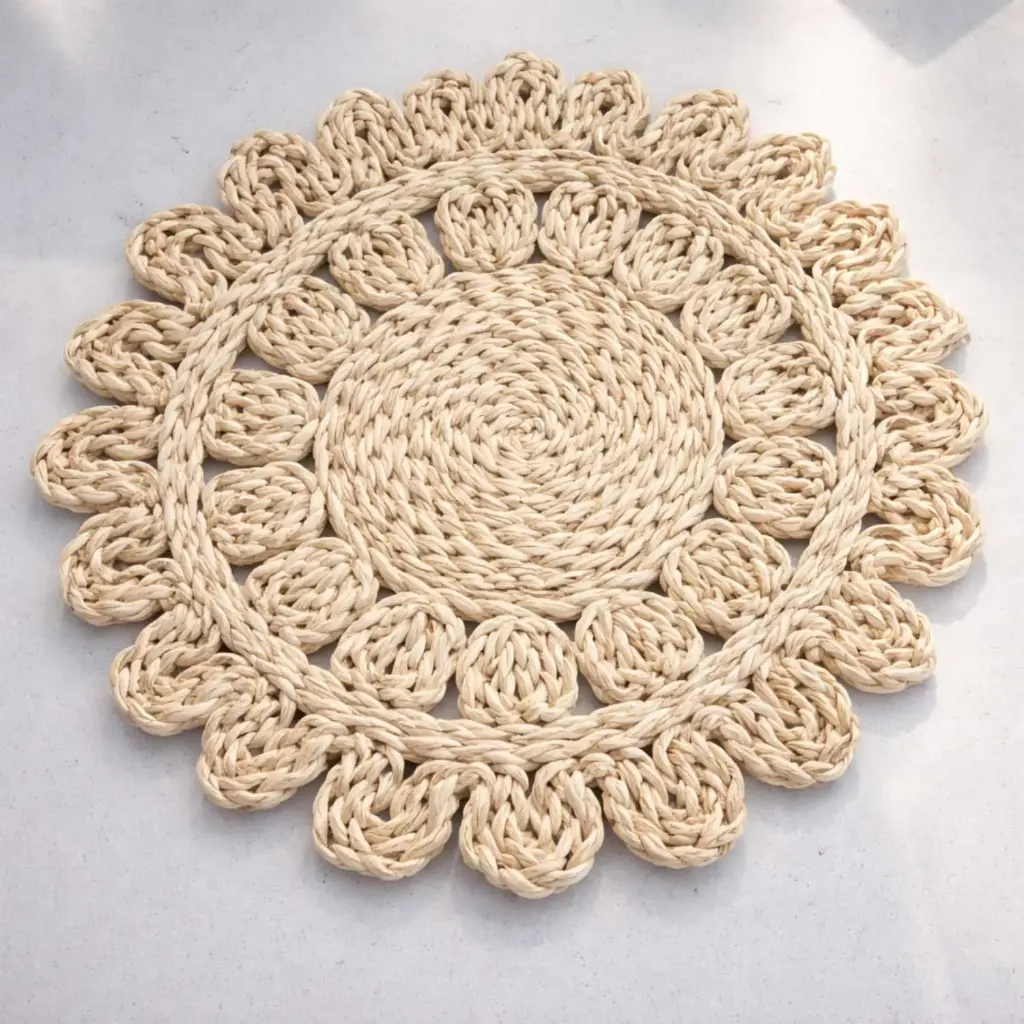 360 HOME PLACEMAT STRAW 38CM ROUND CROCHET PATTERN DARK BEIGE FLOWER-LOKE SHAPE WITH TIGHTLY WOVEN CENTER AND LOOPED INTRICATE EDGES