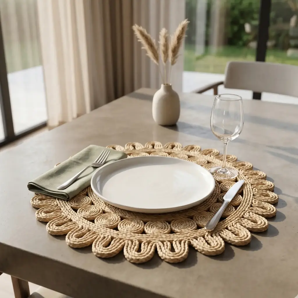 360 HOME PLACEMAT STRAW 38CM ROUND CROCHET PATTERN DARK BEIGE FLOWER-LOKE SHAPE WITH TIGHTLY WOVEN CENTER AND LOOPED INTRICATE EDGES
