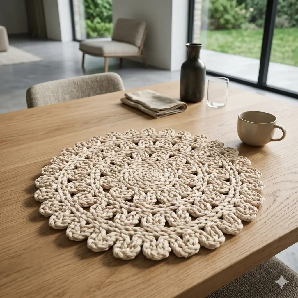 360 HOME PLACEMAT STRAW 38CM LACY DESIGN WITH A CENTRAL MOTIF AND A DECORATIVE OUTER EDGING THAT INCLUDES SHELL OR PICOT STITCHES OFF-WHITE