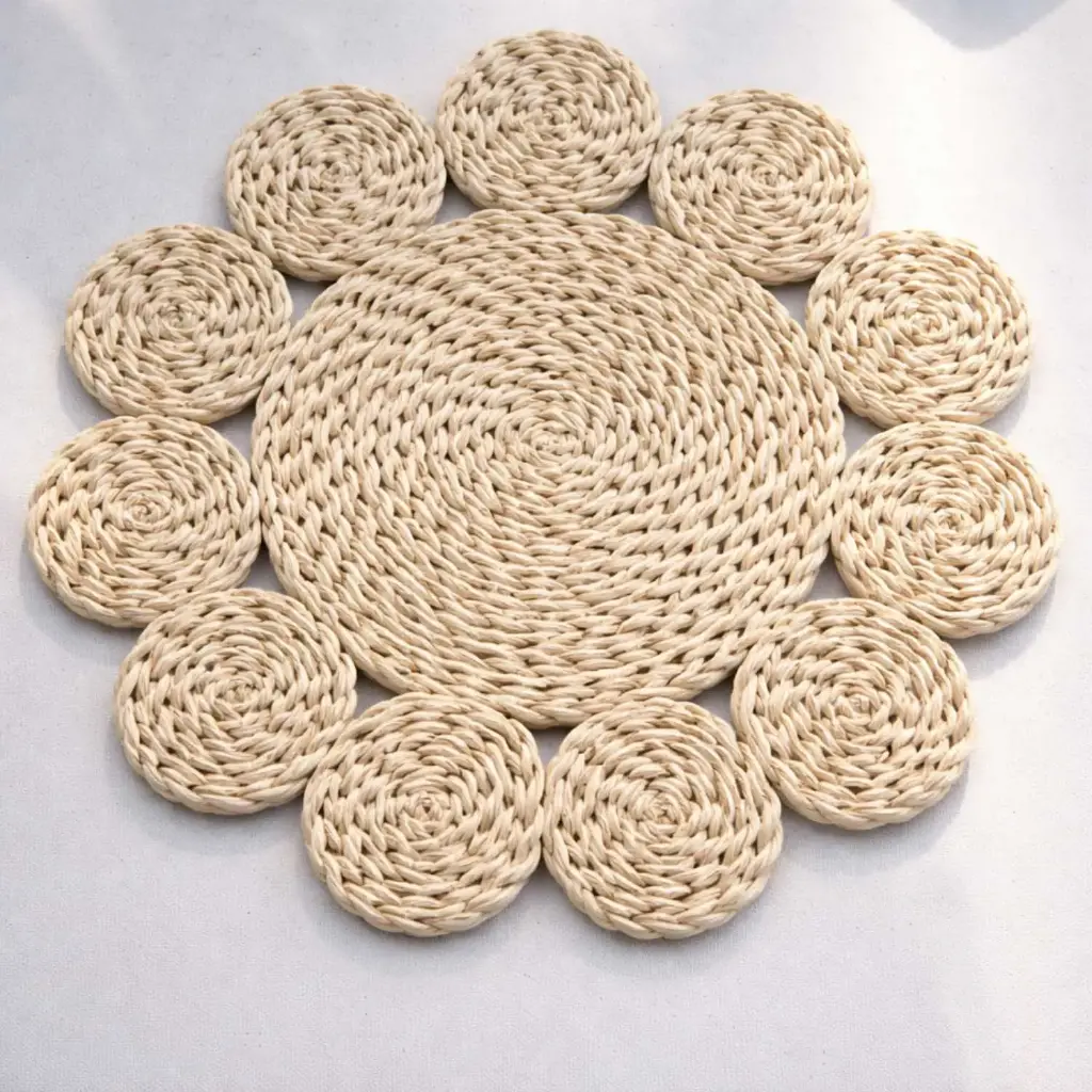 360 HOME PLACEMAT STRAW 38CM BRAIDED OR COILED WEAVE TEXTURE LARGE CIRCLE SHAPE WITH SMALLER CIRCULAR PROTRUSIONS NATURAL COLOR