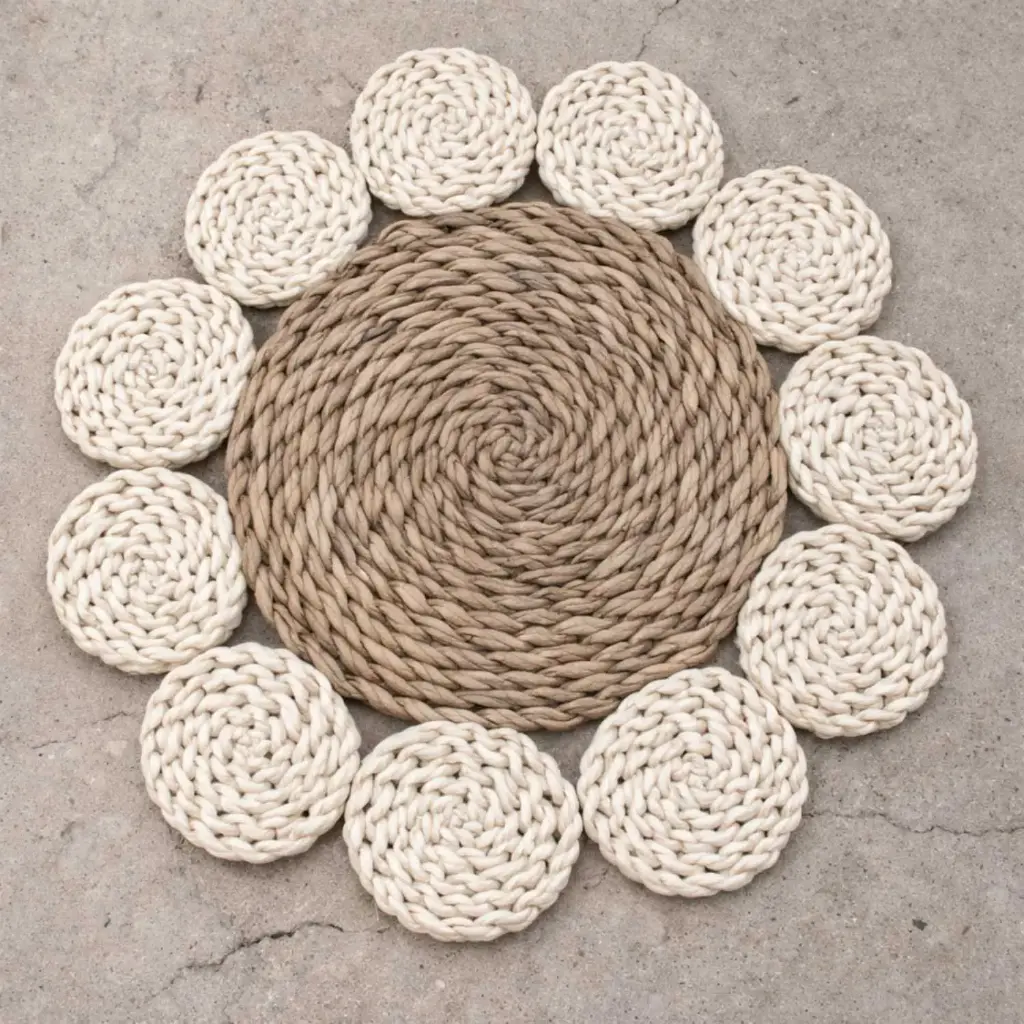 360 HOME PLACEMAT STRAW 38CM BRAIDED OR COILED WEAVE TEXTURE LARGE CIRCLE SHAPE WITH SMALLER CIRCULAR PROTRUSIONS LIGHT BROWN SURROUNDING OFF-WHITE CIRCLES