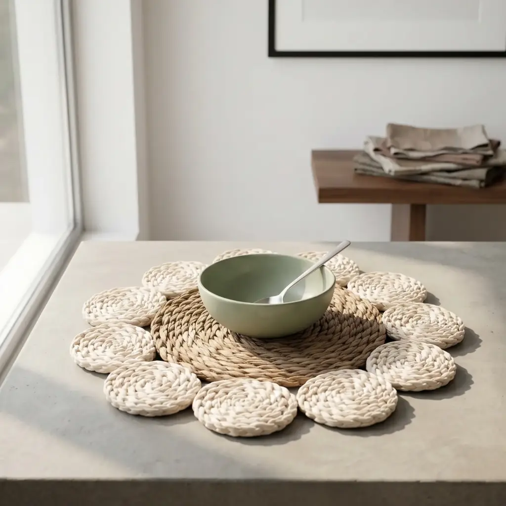 360 HOME PLACEMAT STRAW 38CM BRAIDED OR COILED WEAVE TEXTURE LARGE CIRCLE SHAPE WITH SMALLER CIRCULAR PROTRUSIONS LIGHT BROWN SURROUNDING OFF-WHITE CIRCLES