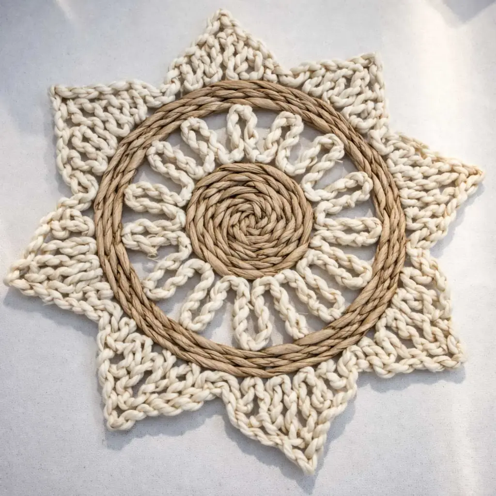 360 HOME PLACEMAT STRAW 38CM ROUND SPIRAL-WOVEN CENTER STAR SHAPED CROCHETED-STYLE OUTER EDGE LIGHT BEIGE