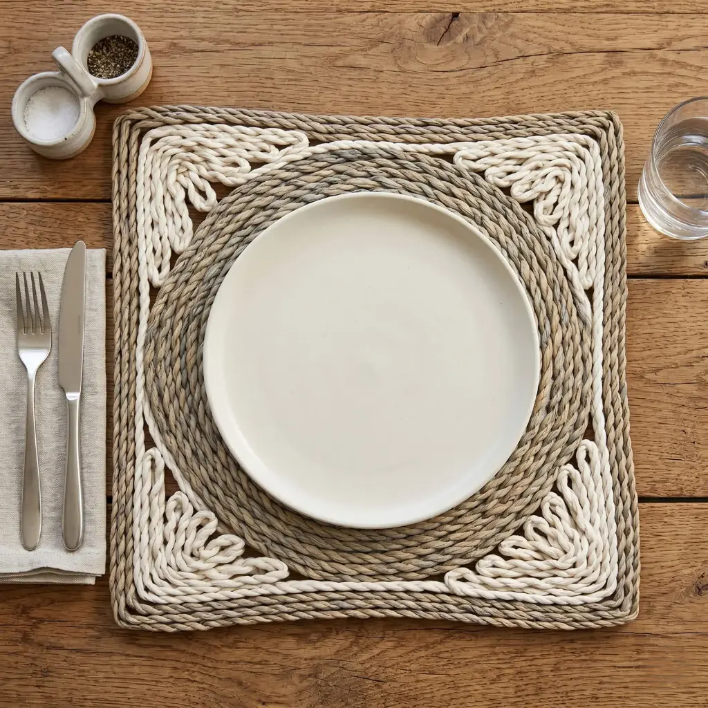360 HOME PLACEMAT STRAW 30CM SQUARE WITH CIRCULAR CENTER DESIGN MUTED GRAYISH-BROWN CENTER & OUTER BORDER+OFF-WHITE FOR THE LACY BORDER