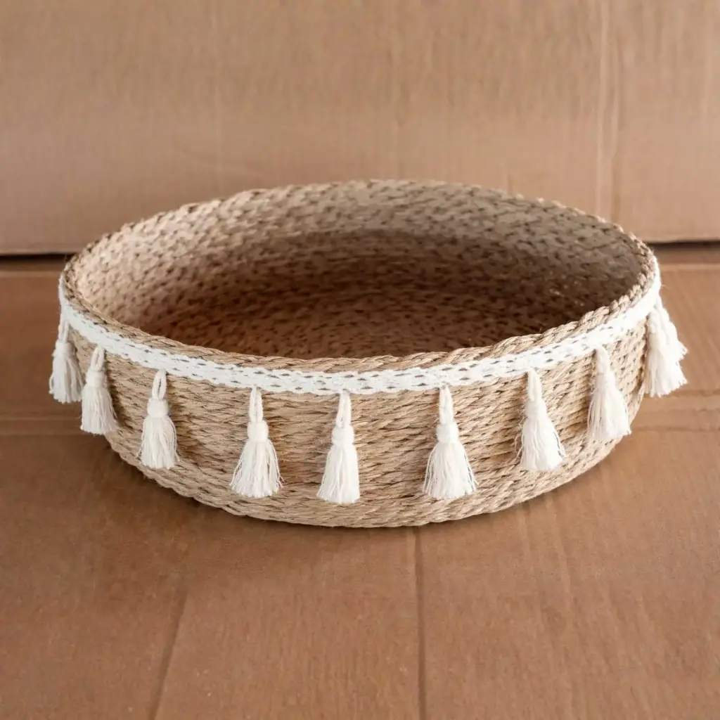 360 HOME PLACEMAT STRAW 23*7*22CM CIRCULAR SHAPE WITH DECORATIVE WHITE FABRIC TRIM WITH SMALL TASSELS AROUND THE UPPER EDGE
