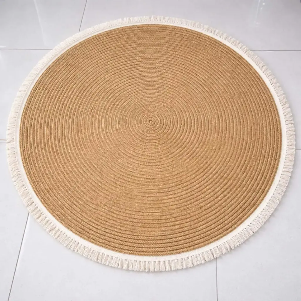 360 HOME FLOORMAT STRAW  120CM CIRCULAR SHAPE PLAIN BROWN COLOR WHITE BORDER AROUND THE CIRCUMFERENCE
