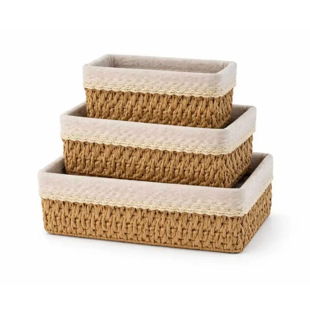 360 HOME BASKET STRAW 19*13*10/23*17*11/ 27*21*13CM   SET 3PCS RECTANGULAR WITH LID TIGHTLY WOVEN EXTERIOR LIGHT TAN OR BEIGE COLOR